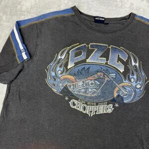 Point Zero Choppers Graphic T Shirt Motorcycle Print Gray Blue Sleeve Size L Y2K